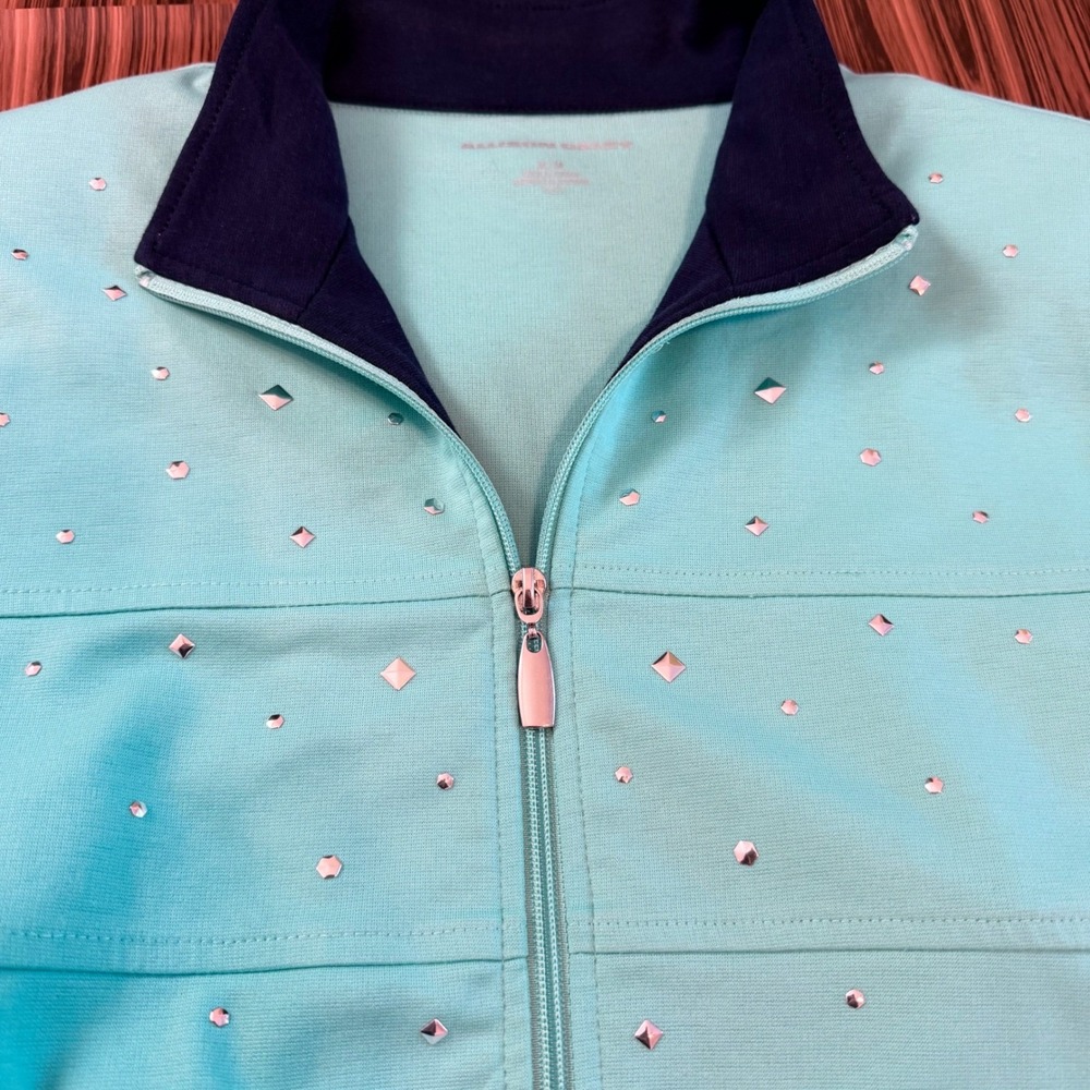 Allison Dalley Zip Jacket Aqua Silver Studs Size Medium Grandmacore Y2K Glam